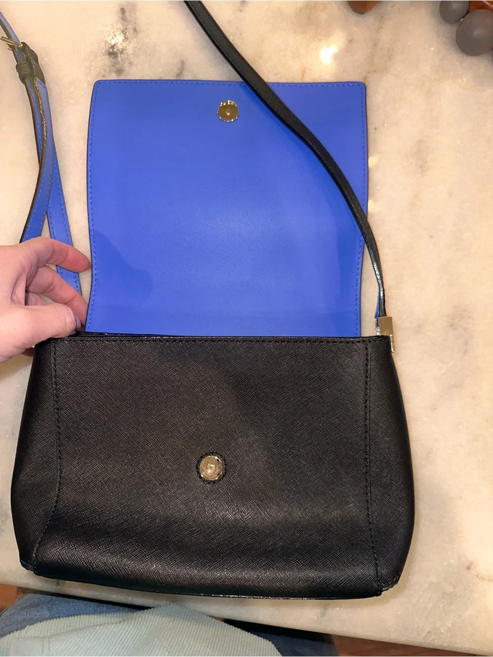Kate Spade Bow Details Black Leather Crossbody with Blue Accents